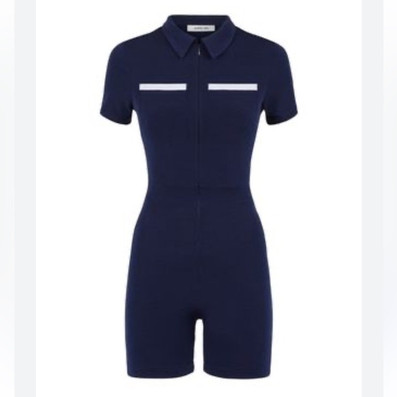 Peachy Den navy blue white jumpsuit romper fitted collared size XS - Picture 1 of 6